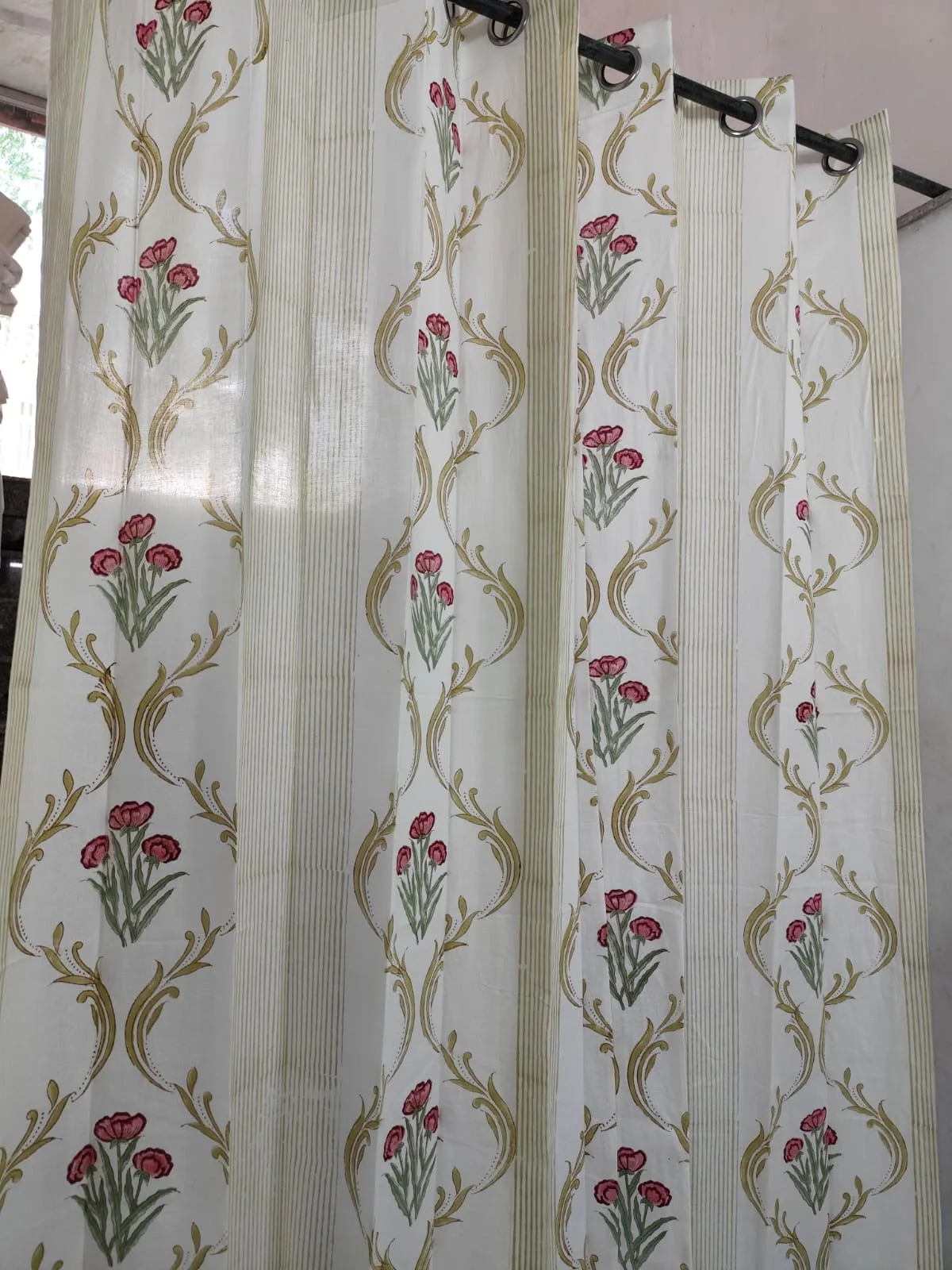 Rose Tulip Scroll & Olive Stripe Coordinated Pure Cotton Curtains original product photograph