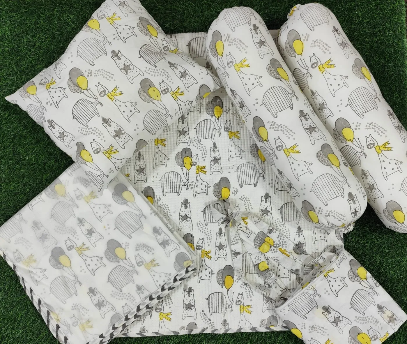 Lemon Grey Animal Sketch Handblock Kids Bedding Set original product photograph