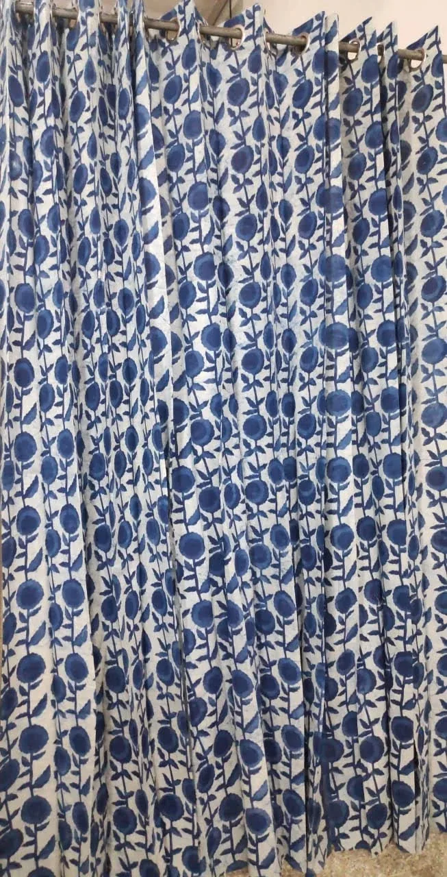 Indigo Pompom Vine Pure Cotton Curtains original product photograph