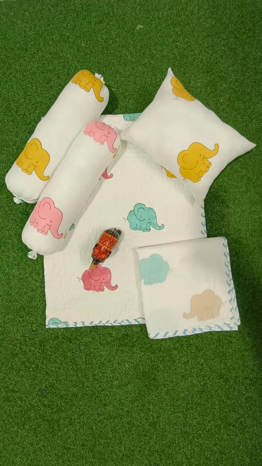 Pastel Elephant Sprig Handblock Kids Bedding Set original product photograph