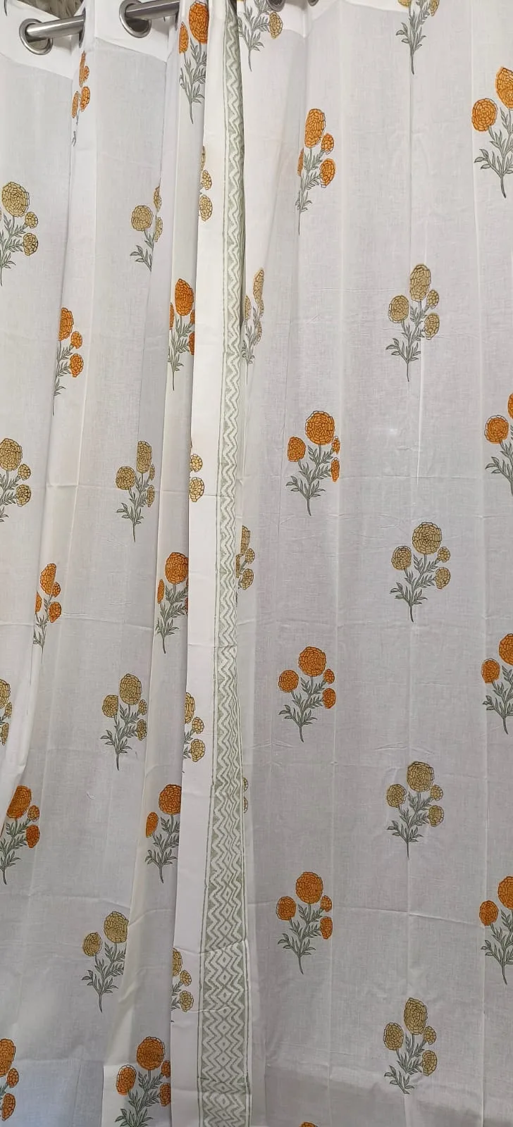 Ochre Pompom & Sage Chevron Pure Cotton Curtains original product photograph