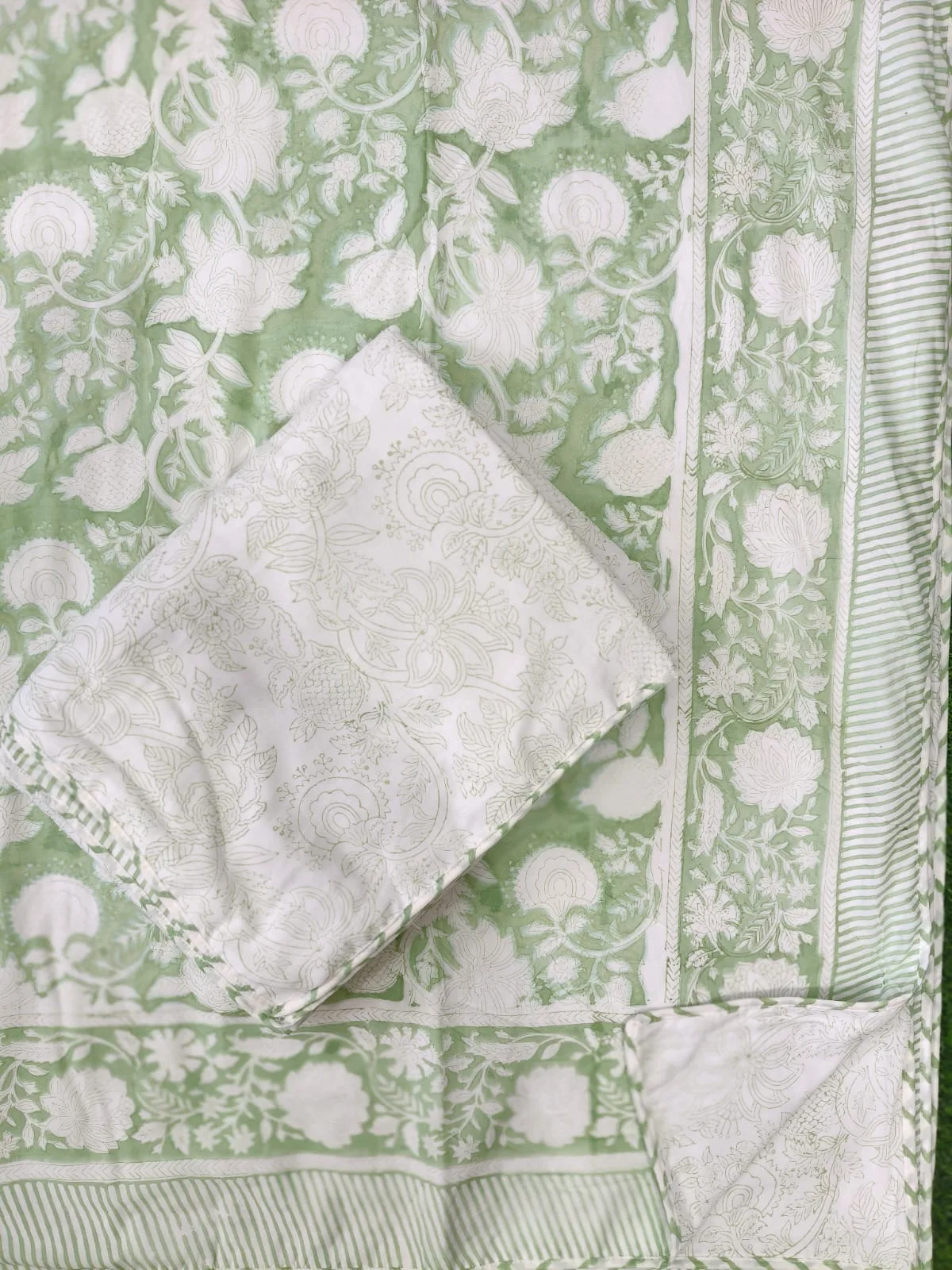 Sage Ivory Floral Jaal Reversible Hand-Block Dohar original product photograph