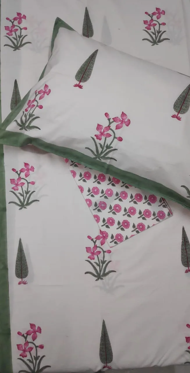 Slate Cypress Pink Bloom Hand-Block Cotton Bedsheet original product photograph