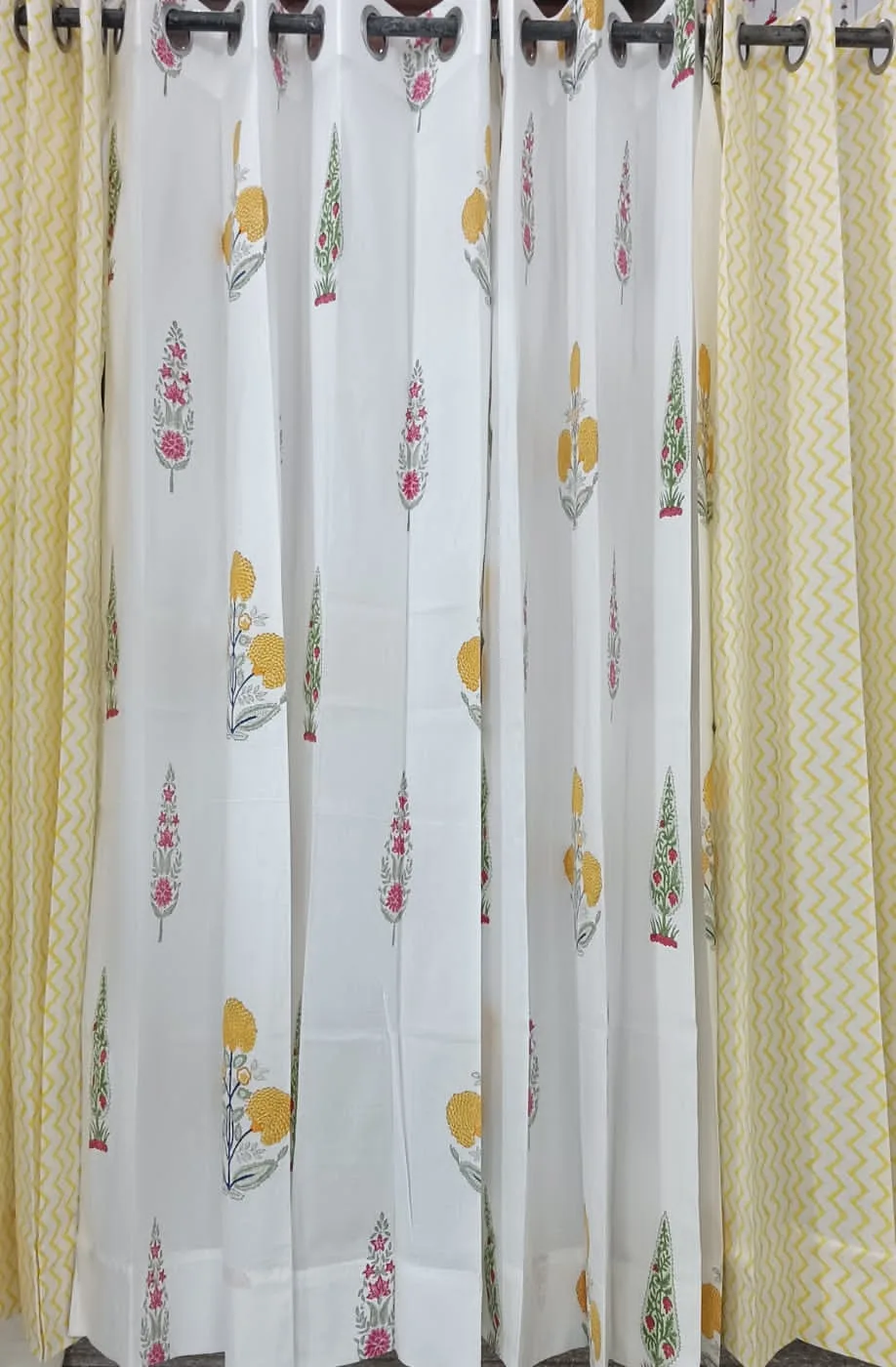 Mustard Chevron & Botanical Pure Cotton Curtains original product photograph