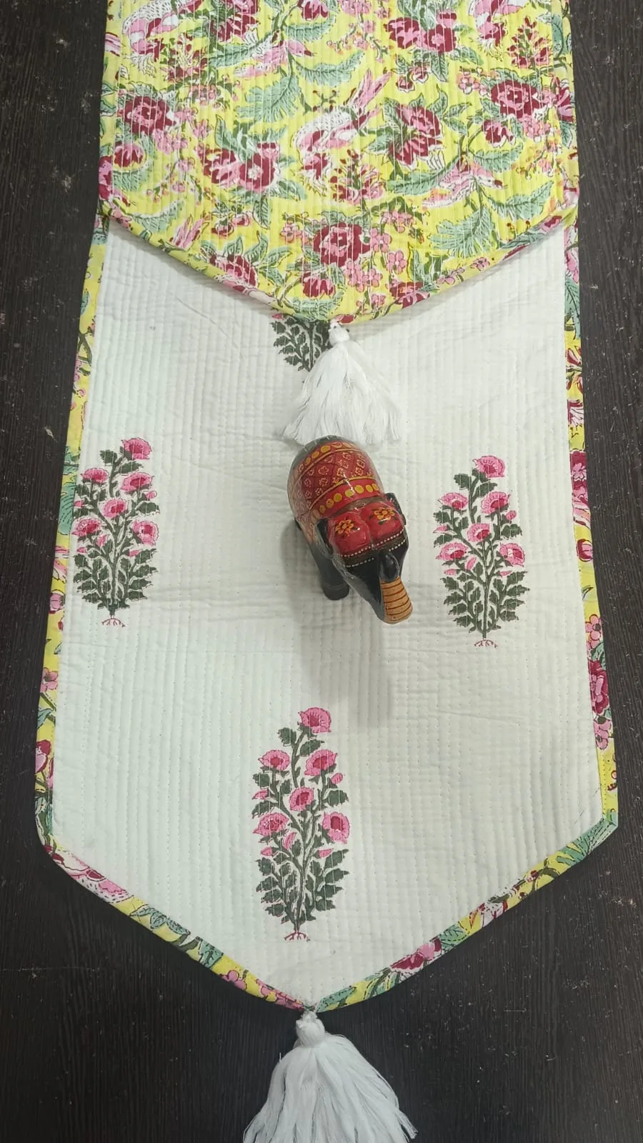 Yellow Border Pink Sprig Reversible Quilted Table Runner original product photograph