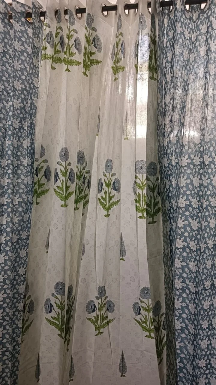 Slate Blue Floral Vine & Pompom Bloom Pure Cotton Curtains original product photograph
