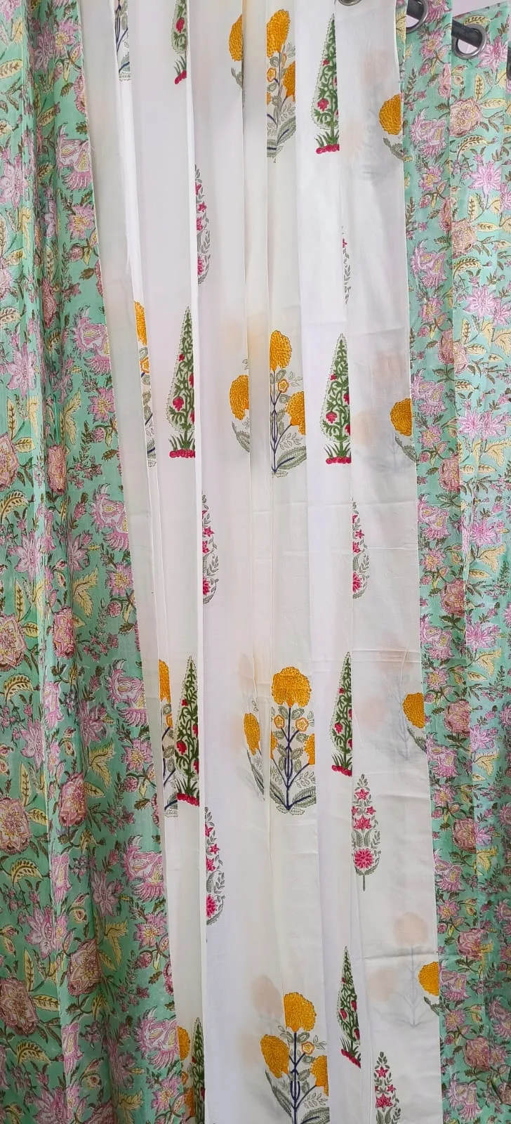 Aqua Floral Jaal & Marigold Cypress Pure Cotton Curtains original product photograph