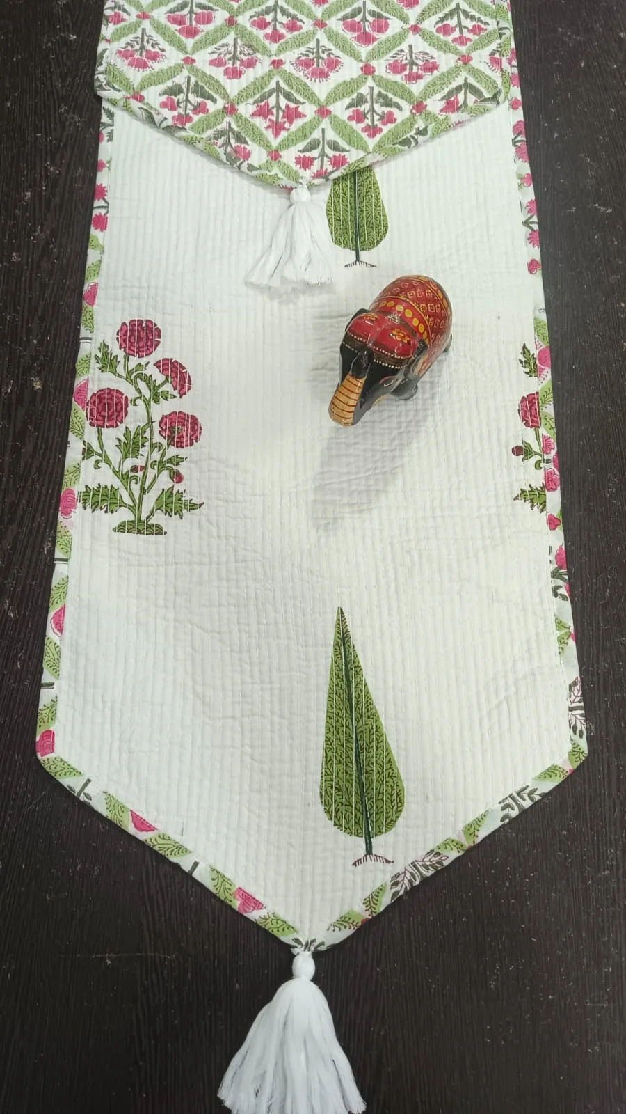 Sage Cypress Pink Shrub Reversible Quilted Table Runner original product photograph