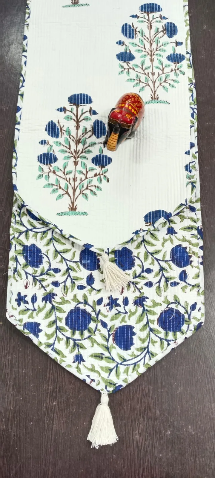 Indigo Pom Tree Reversible Quilted Table Runner original product photograph