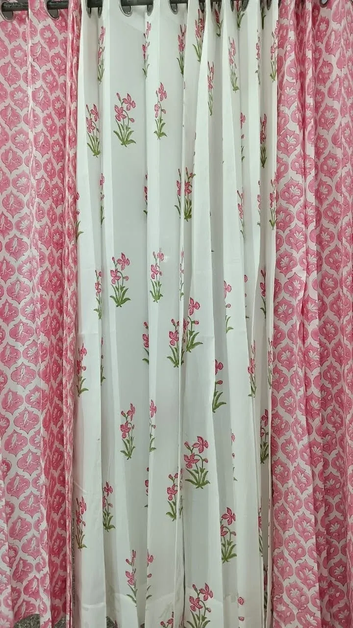 Rani Diamond & Pink Sprig Coordinated Pure Cotton Curtains original product photograph