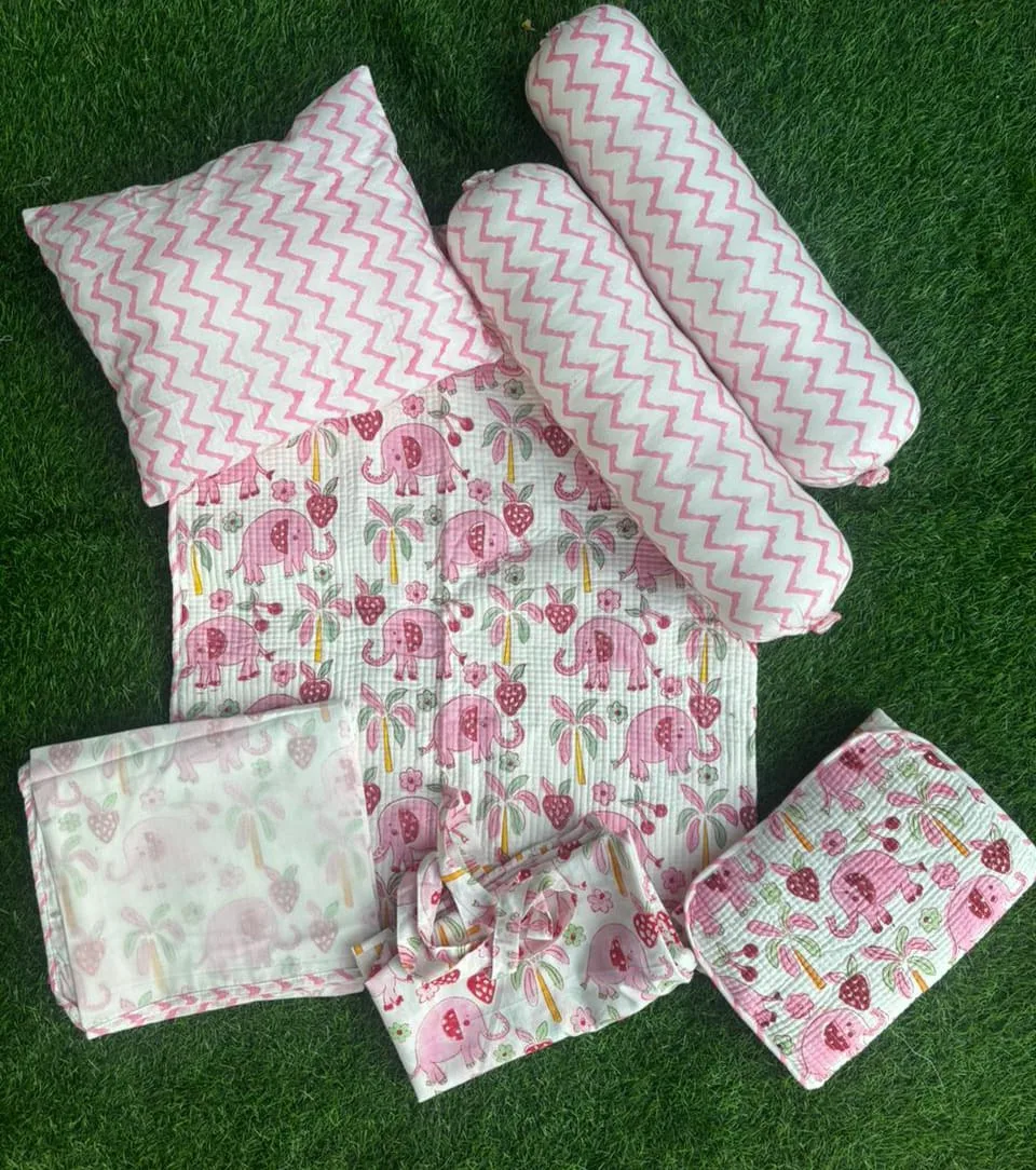 Blush Elephant Garden Handblock Kids Bedding Set original product photograph
