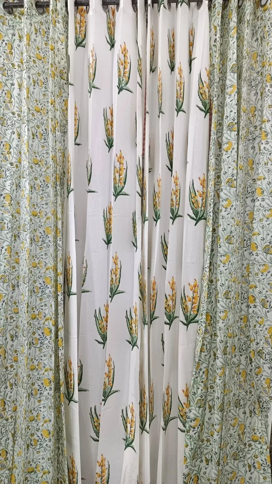 Sage Floral Jaal & Mustard Bud Coordinated Pure Cotton Curtains original product photograph