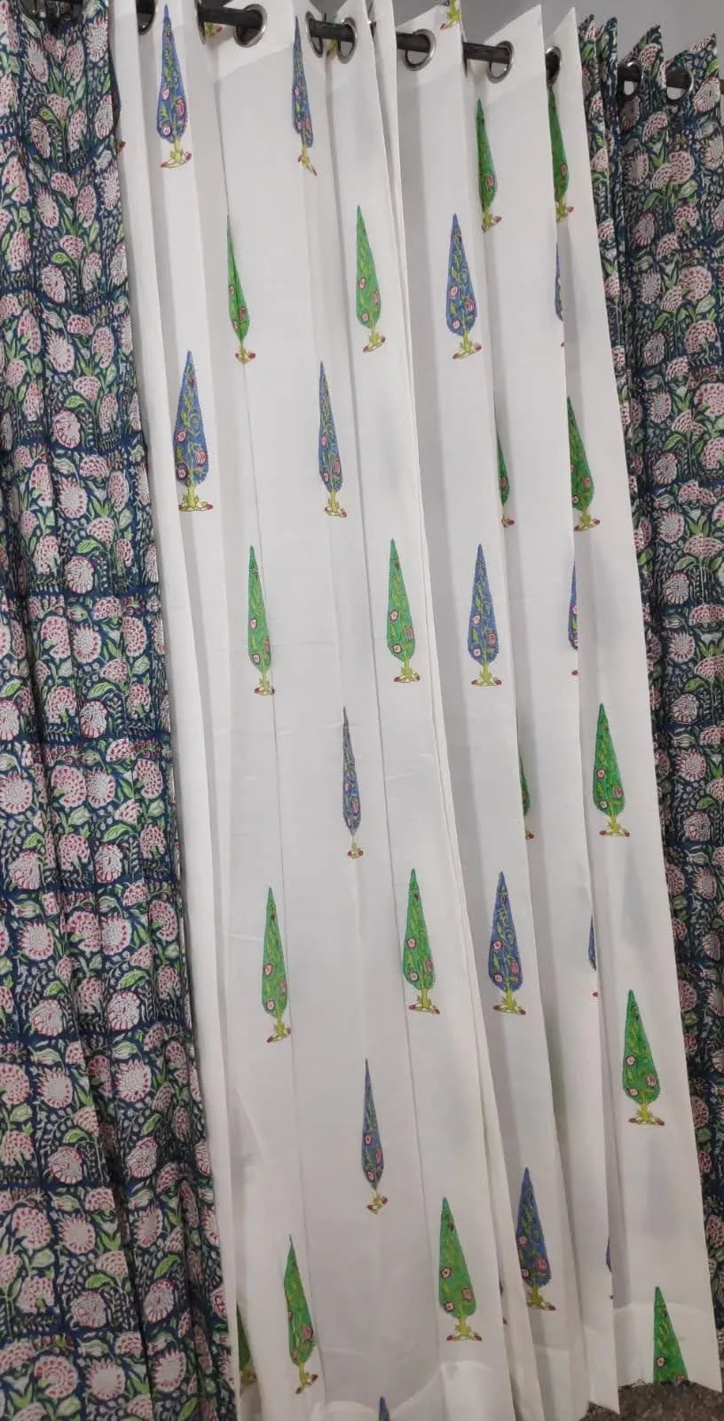 Navy Floral Vine & Ornamental Cypress Pure Cotton Curtains original product photograph