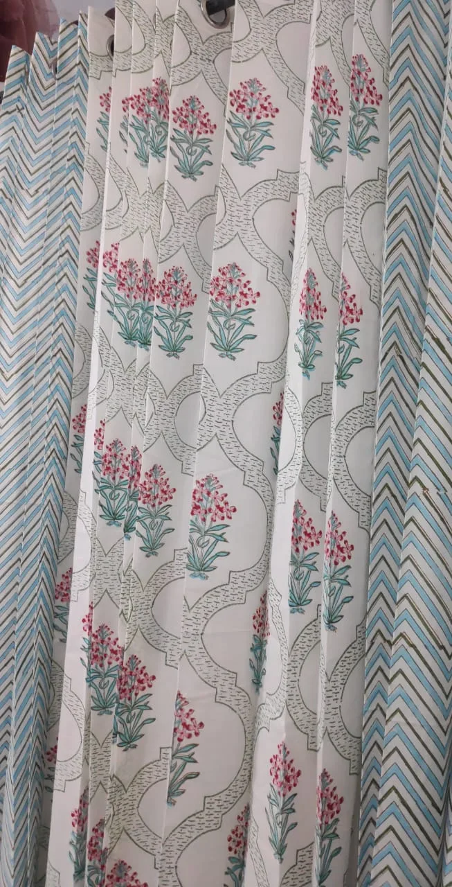 Teal Chevron & Rani Floral Lattice Pure Cotton Curtains original product photograph