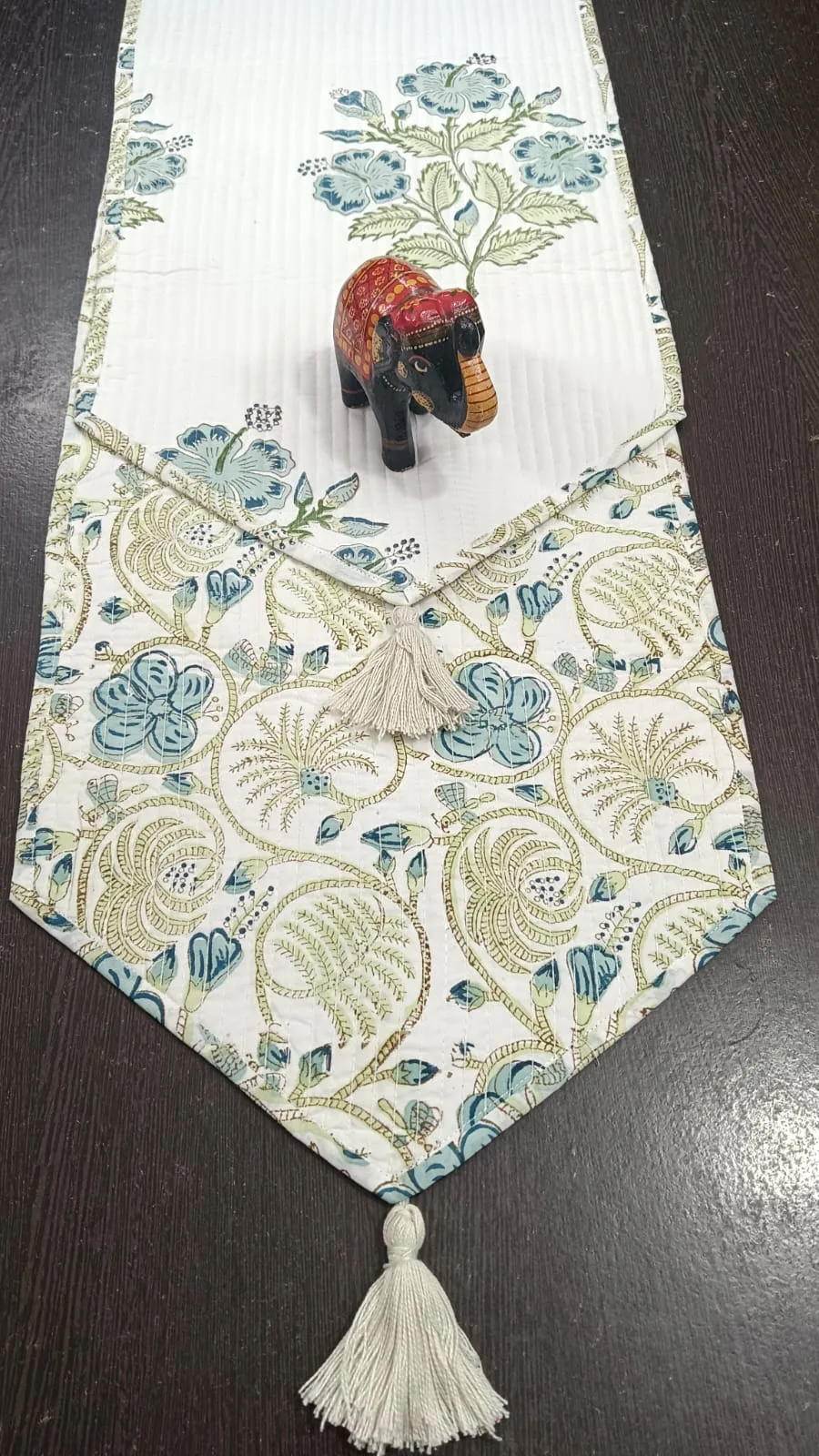 Dusty Blue Hibiscus Reversible Quilted Table Runner original product photograph