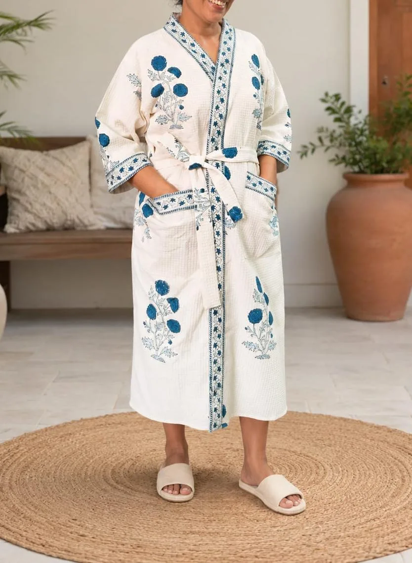 Indigo Blossom Buta Adult Waffle Bathrobe original product photograph