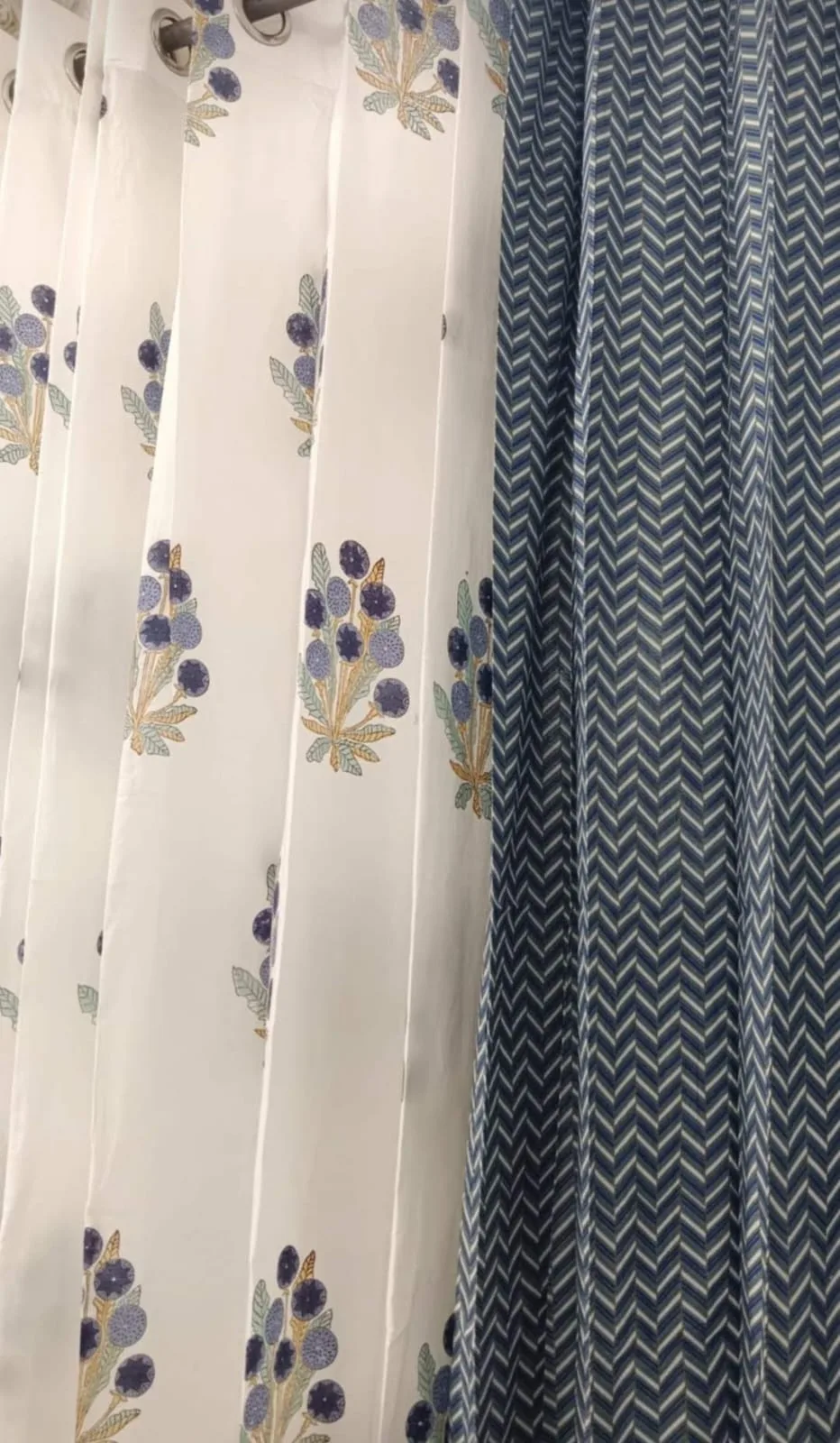 Indigo Herringbone & Berry Bouquet Pure Cotton Curtains original product photograph
