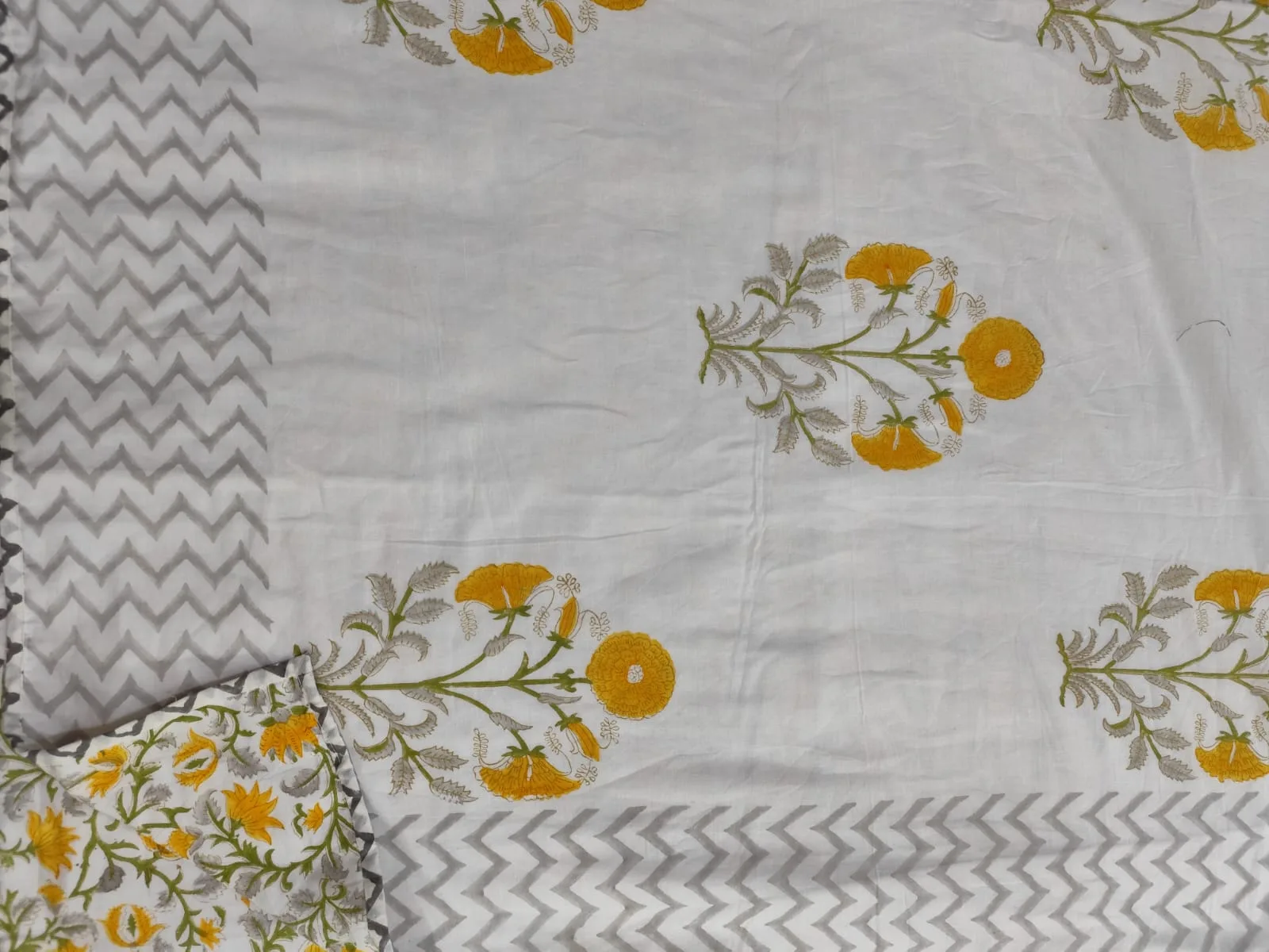 Mustard Marigold Grey Chevron Reversible Hand-Block Dohar original product photograph