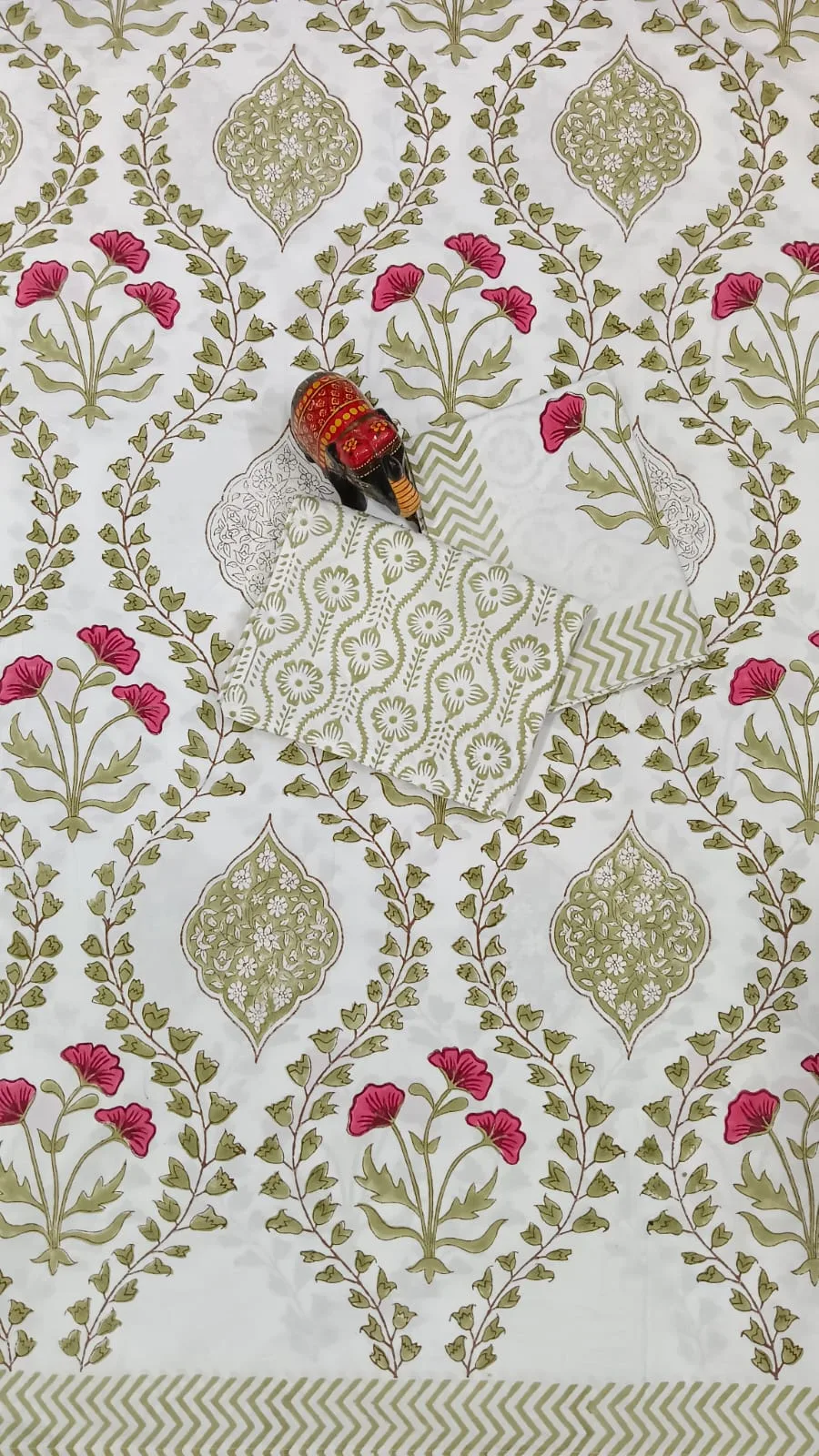 Olive Trellis Rose Hand-Block Cotton Bedsheet original product photograph
