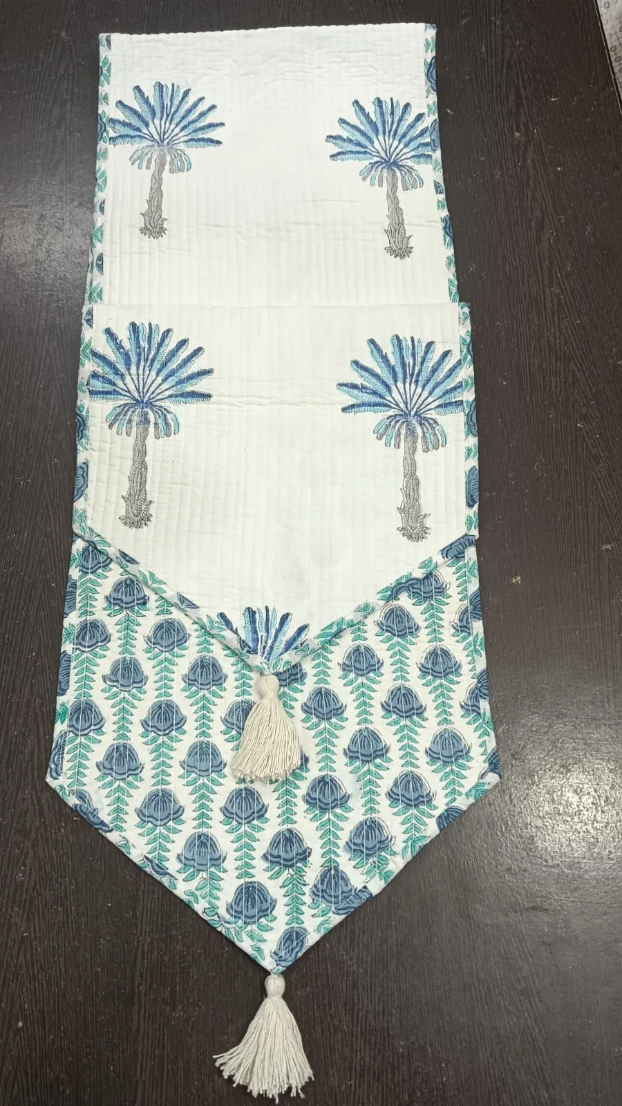 Indigo Palm Tree Reversible Quilted Table Runner original product photograph