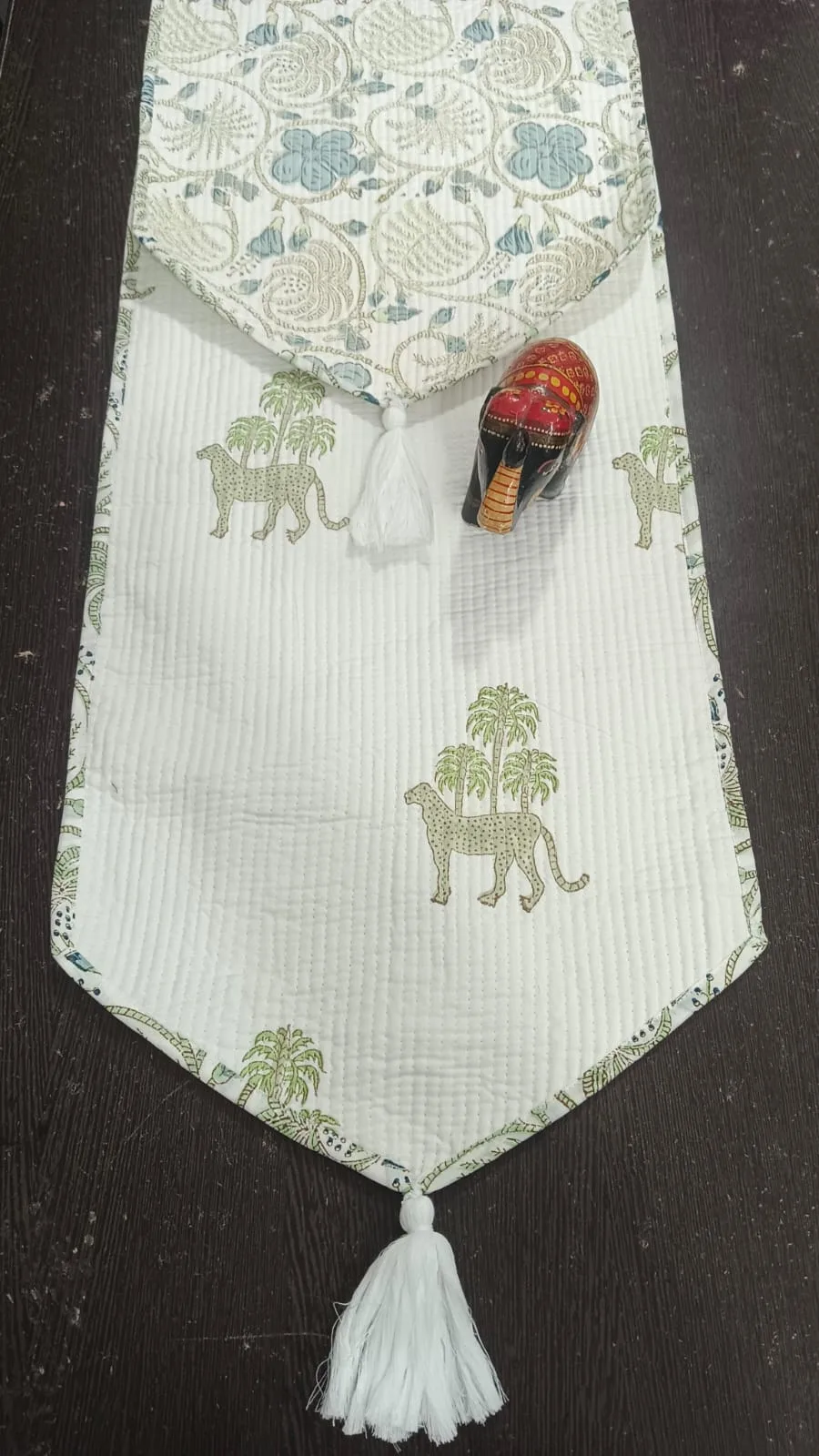 Sage Leopard Palm Reversible Quilted Table Runner original product photograph