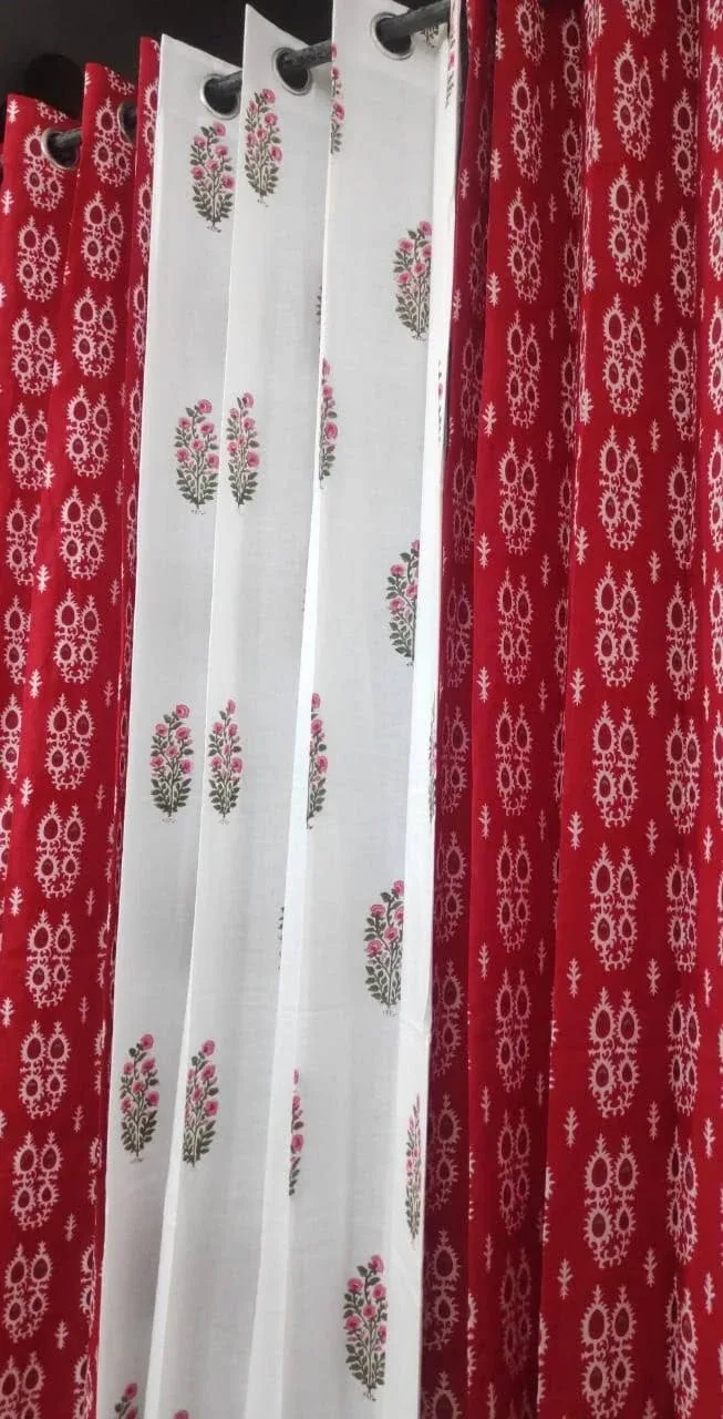 Vermilion Ikat & Mini Bouquet Coordinated Pure Cotton Curtains original product photograph