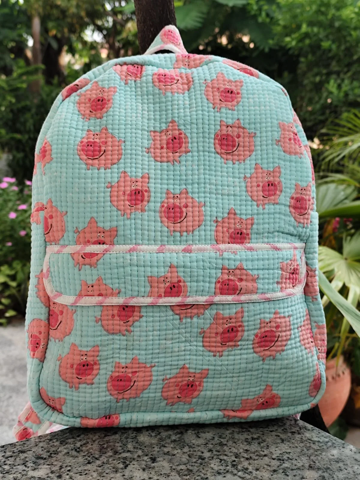 Aqua Piggy Smiles Quilted Kids Backpack original product photograph