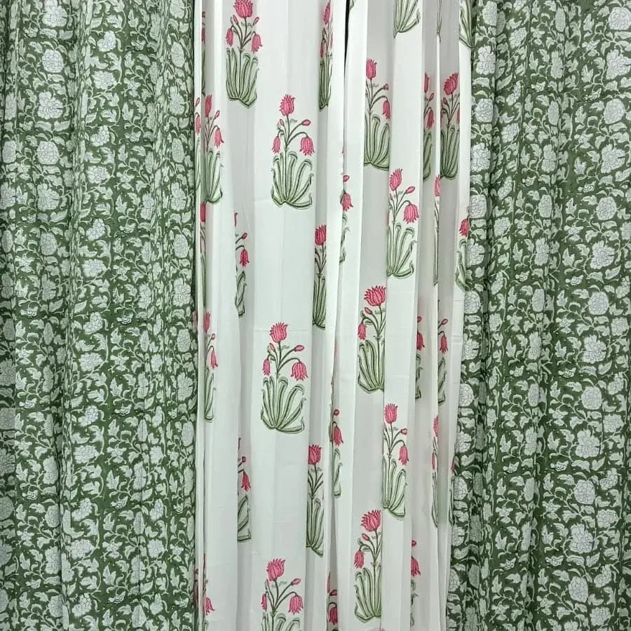 Bottle Green Blossom Jaal & Rani Lotus Coordinated Pure Cotton Curtains original product photograph