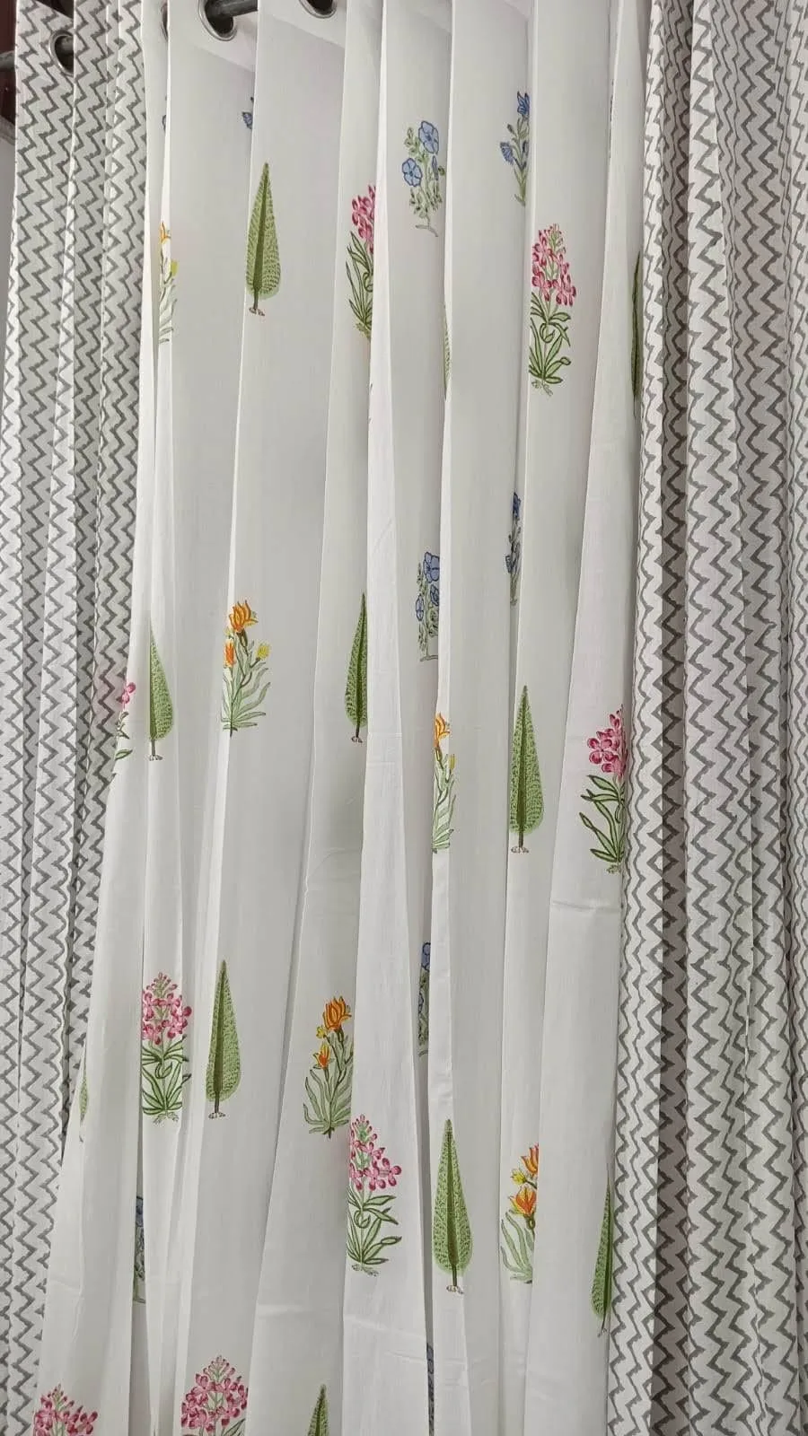 Grey Chevron & Mixed Botanical Pure Cotton Curtains original product photograph