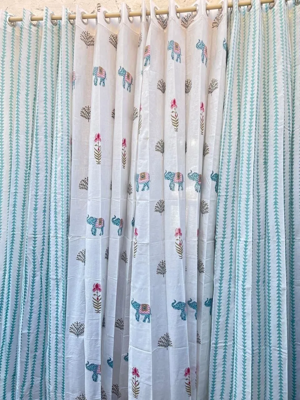 Aqua Triangle & Gajraj Garden Coordinated Pure Cotton Curtains original product photograph