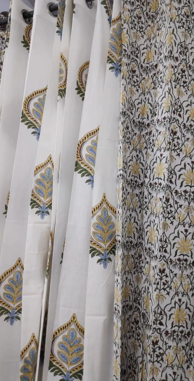 Charcoal Floral Jaal & Blue Buta Coordinated Pure Cotton Curtains original product photograph