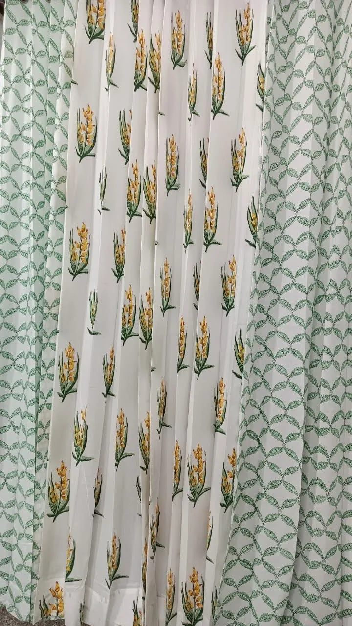 Sage Geometric Vine & Mustard Bud Coordinated Pure Cotton Curtains original product photograph