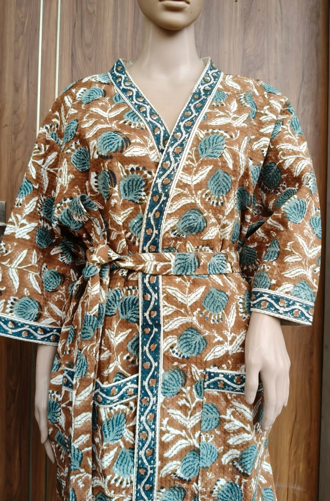 Caramel Teal Botanical Adult Waffle Bathrobe original product photograph