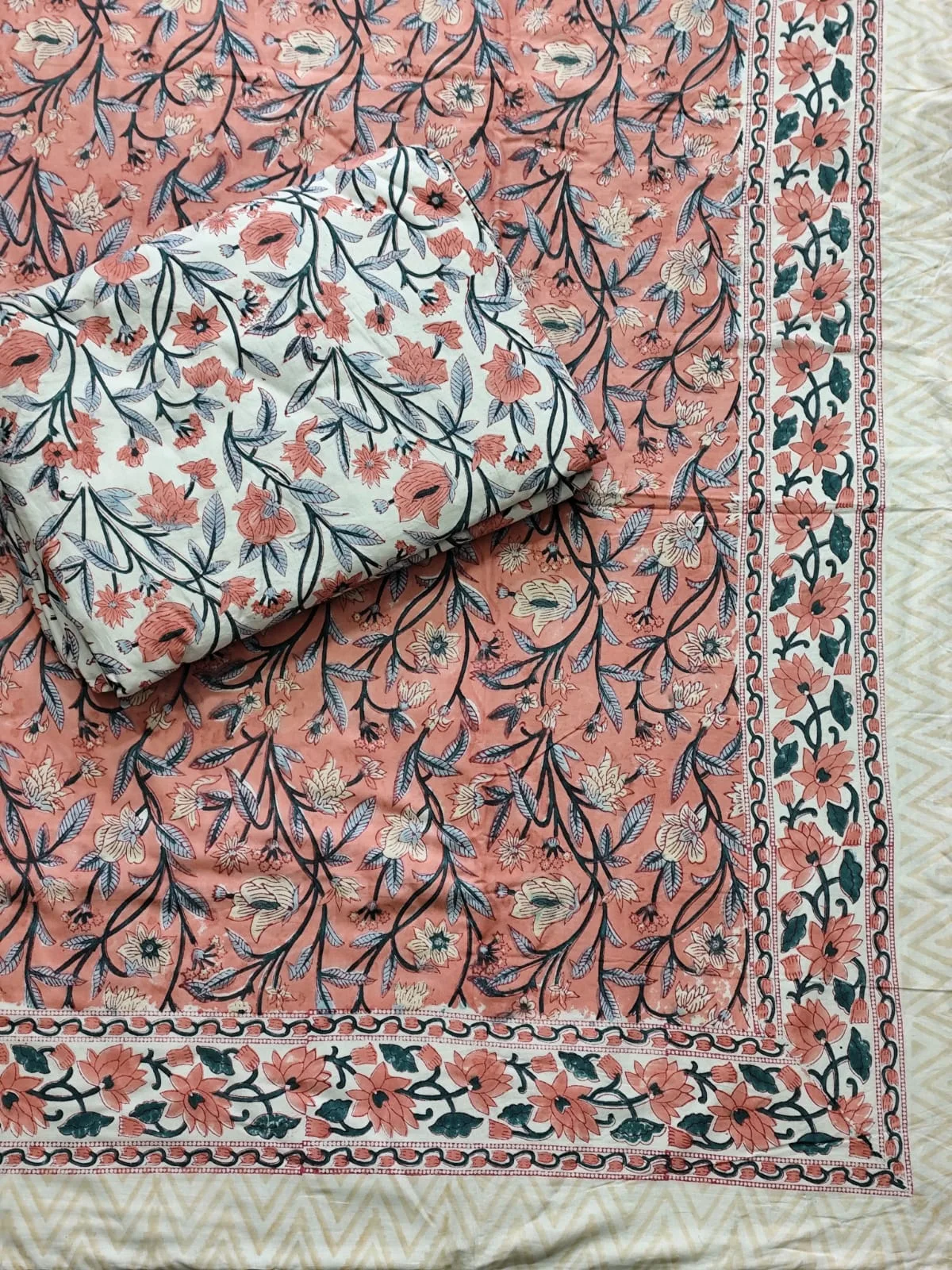 Coral Neel Floral Jaal Reversible Hand-Block Dohar original product photograph