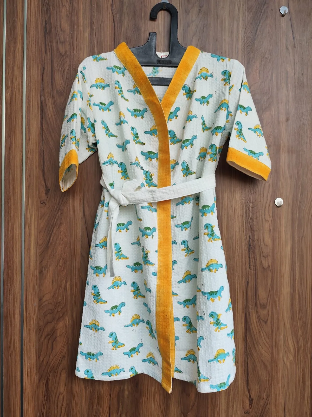 Mustard Dino Trail Kids Waffle Bathrobe original product photograph