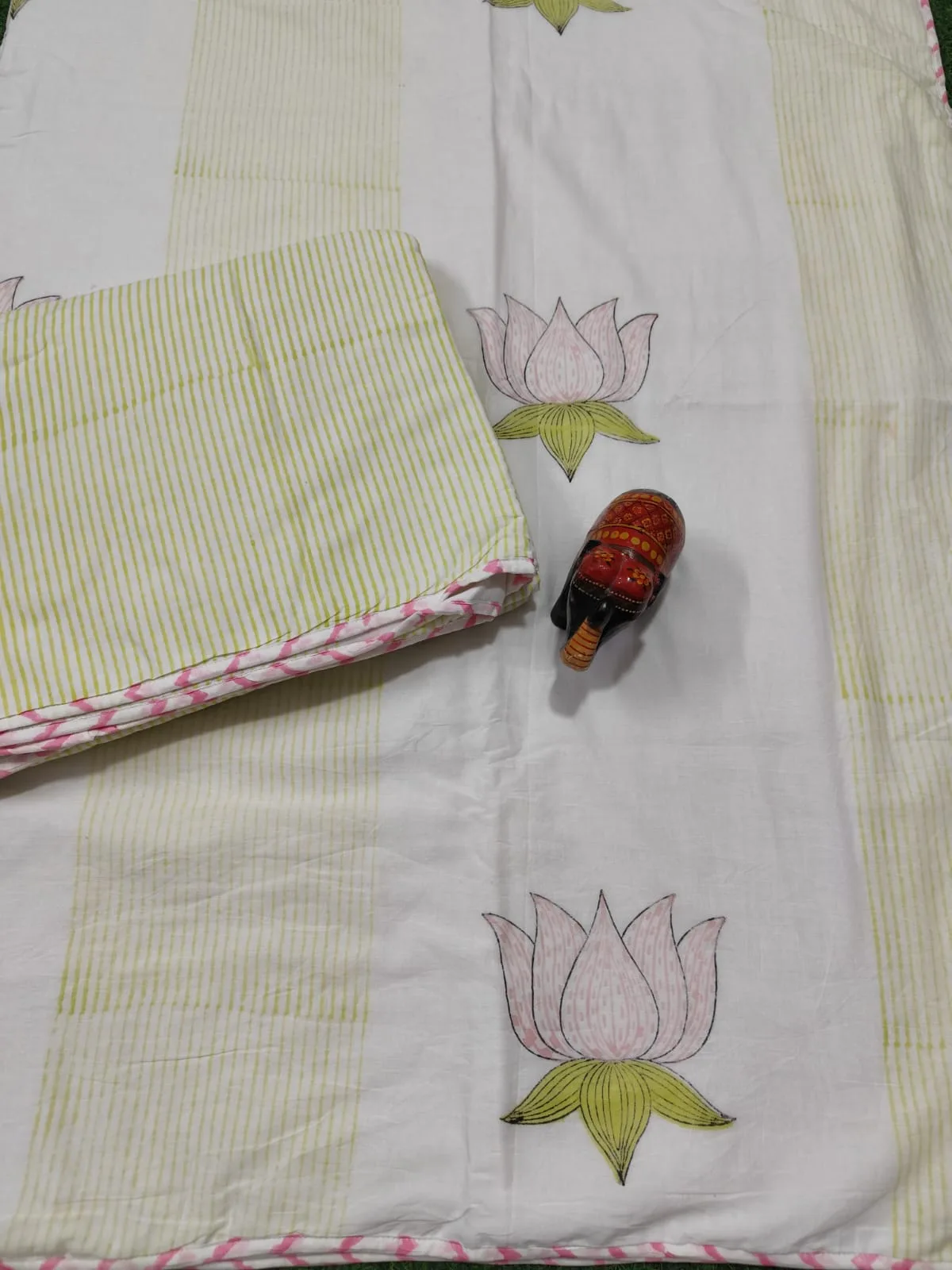 Gulabi Kamal Lime Pinstripe Reversible Hand-Block Dohar original product photograph