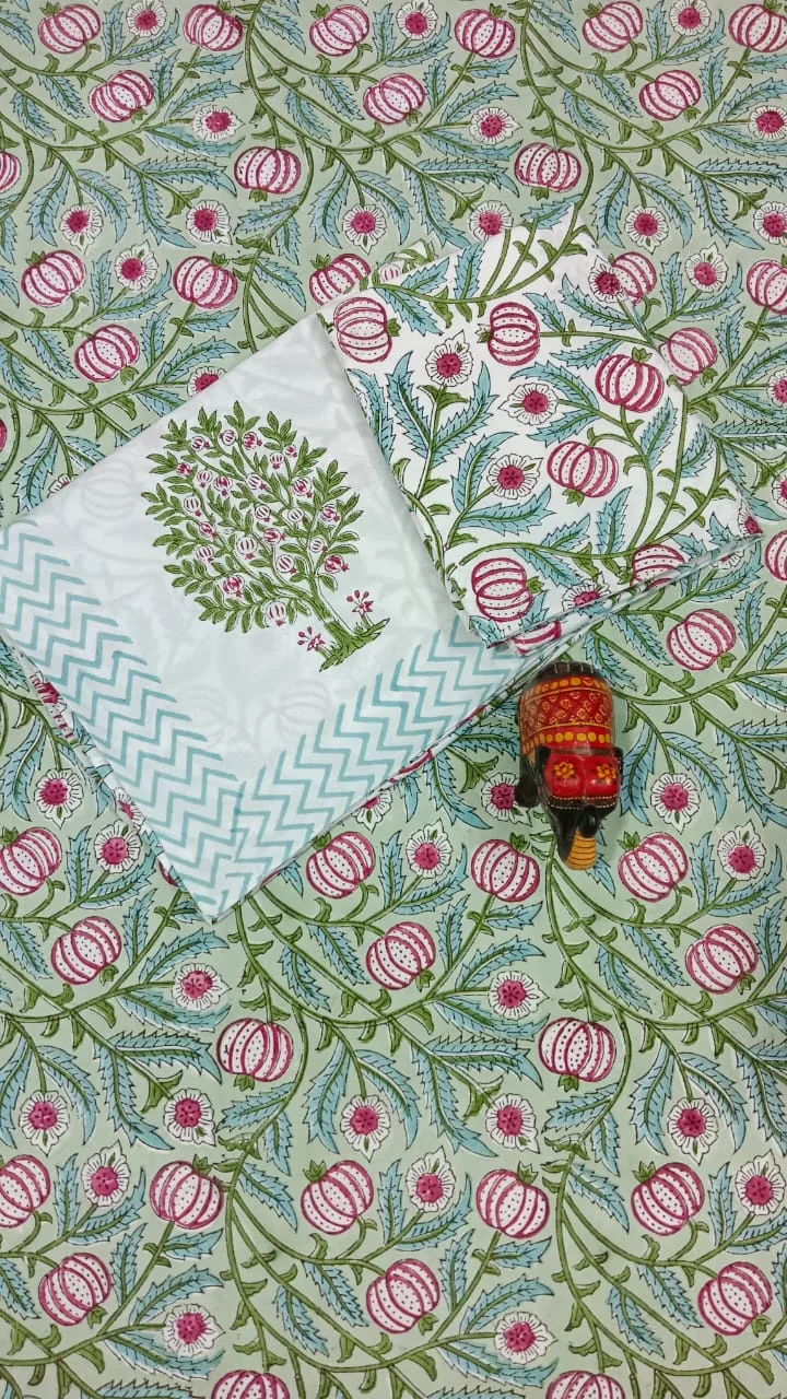 Sage Rosebud Meadow Hand-Block Cotton Bedsheet original product photograph