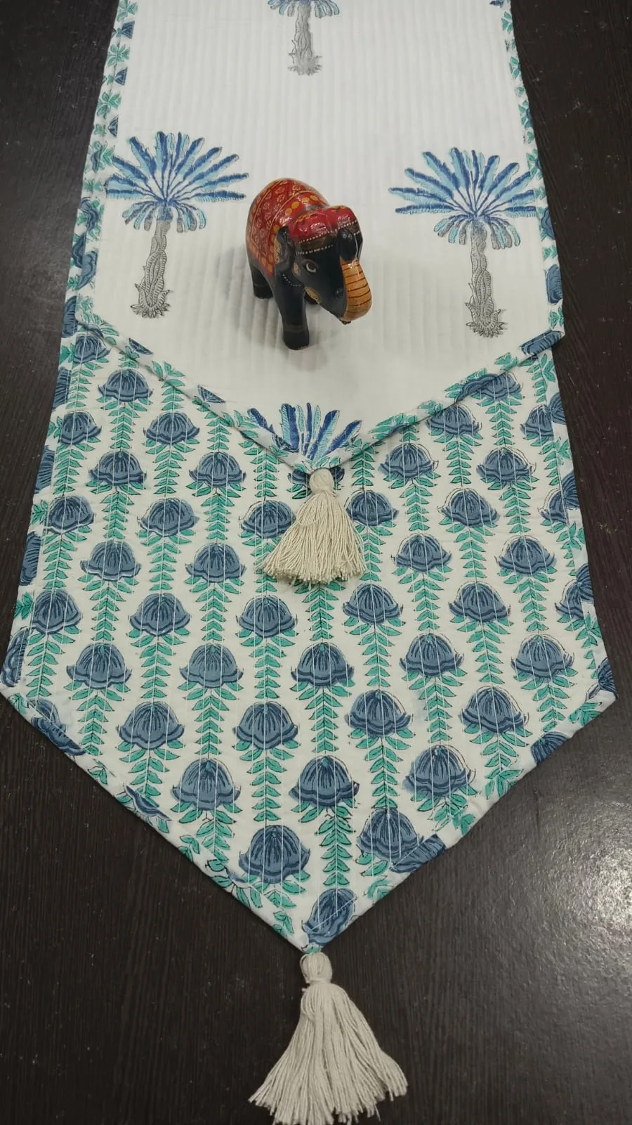 Indigo Fan Palm Reversible Quilted Table Runner original product photograph