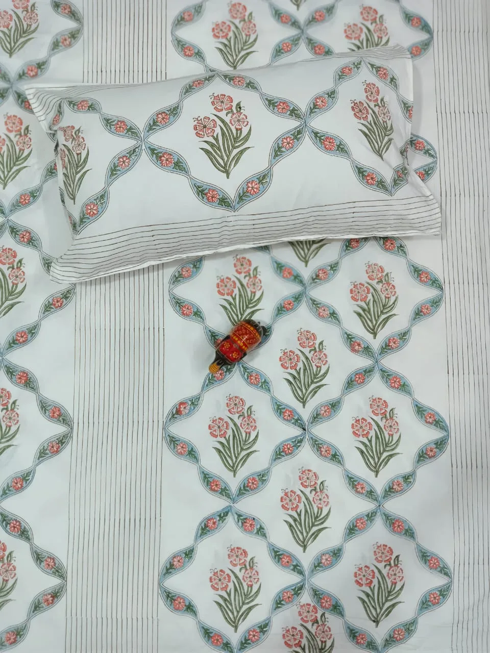 Coral Teal Vine Medallion Hand-Block Cotton Bedsheet original product photograph