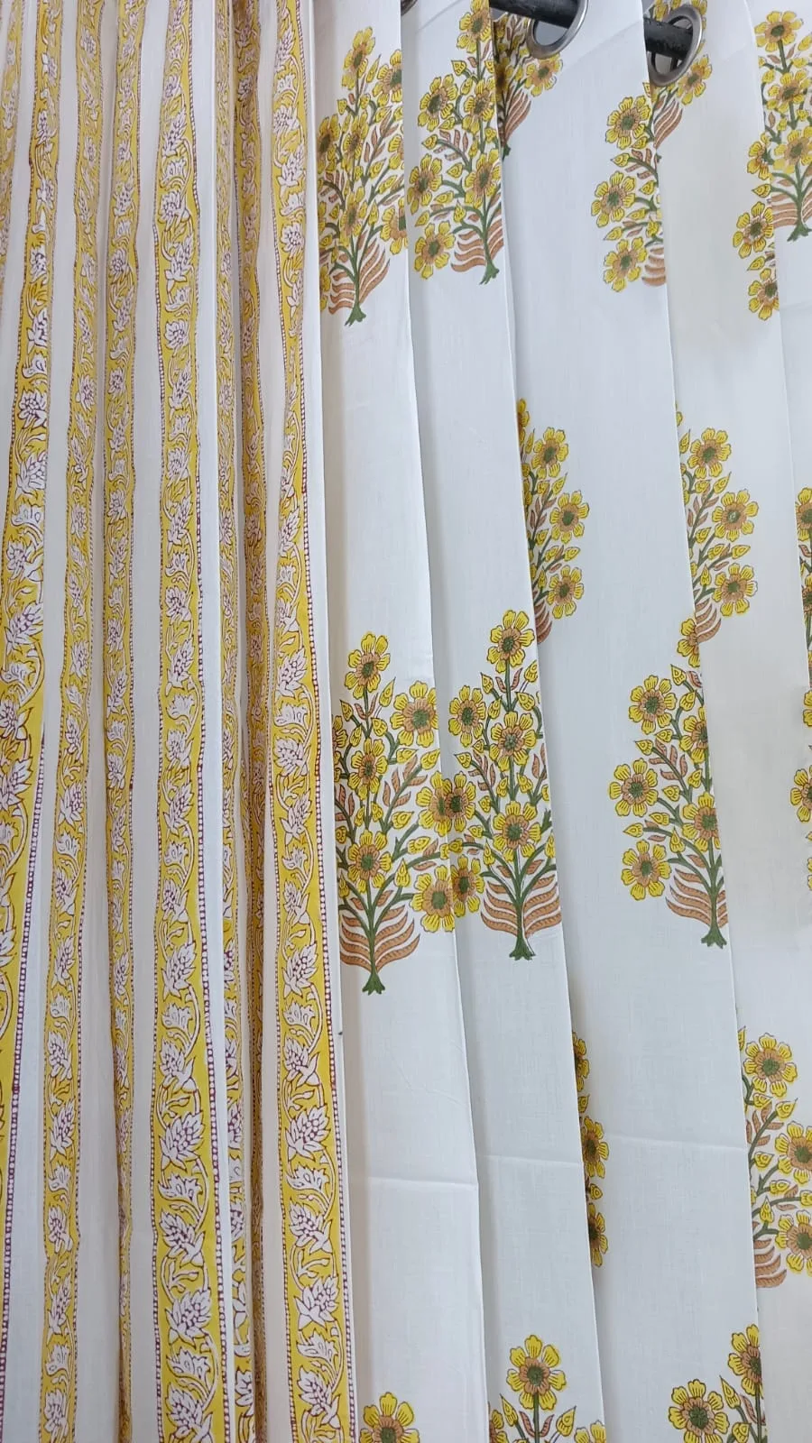 Mustard Floral Stripe & Sunflower Pure Cotton Curtains original product photograph