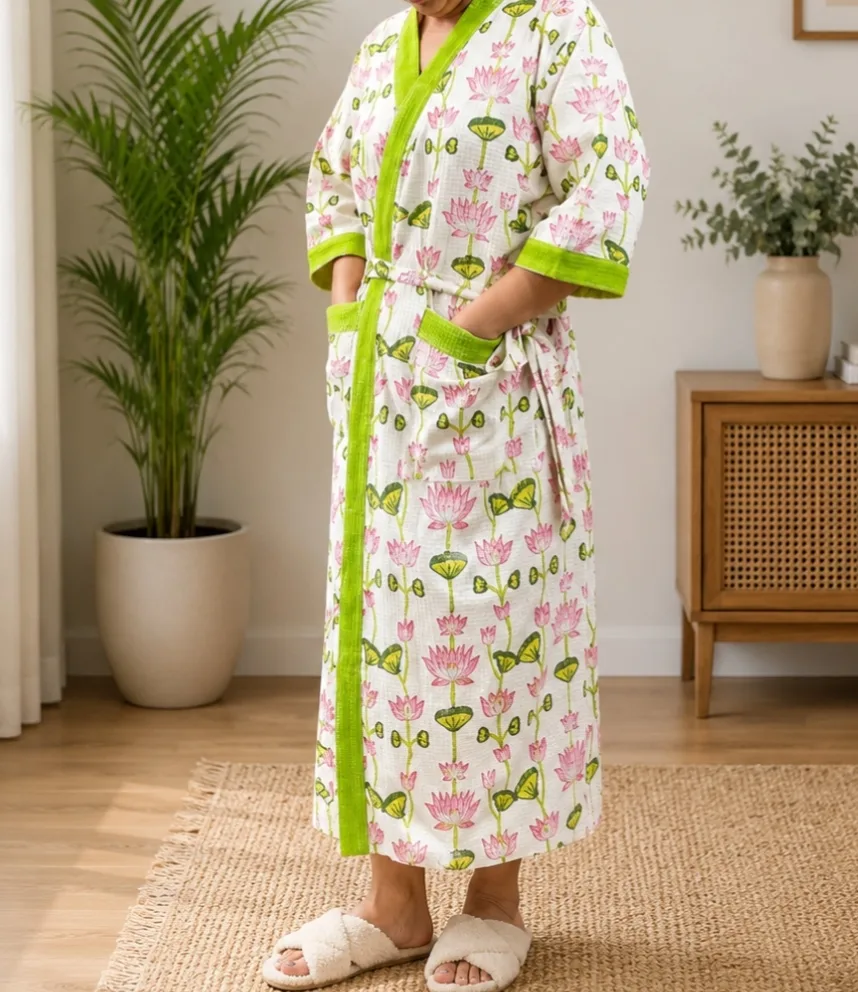 Pink Lotus & Lime Adult Waffle Bathrobe original product photograph