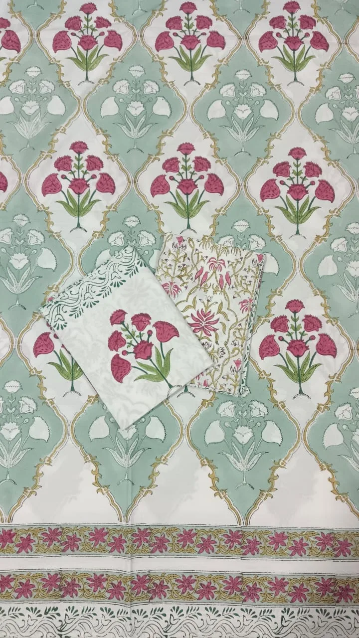 Sage Mughal Rose Medallion Hand-Block Cotton Bedsheet original product photograph
