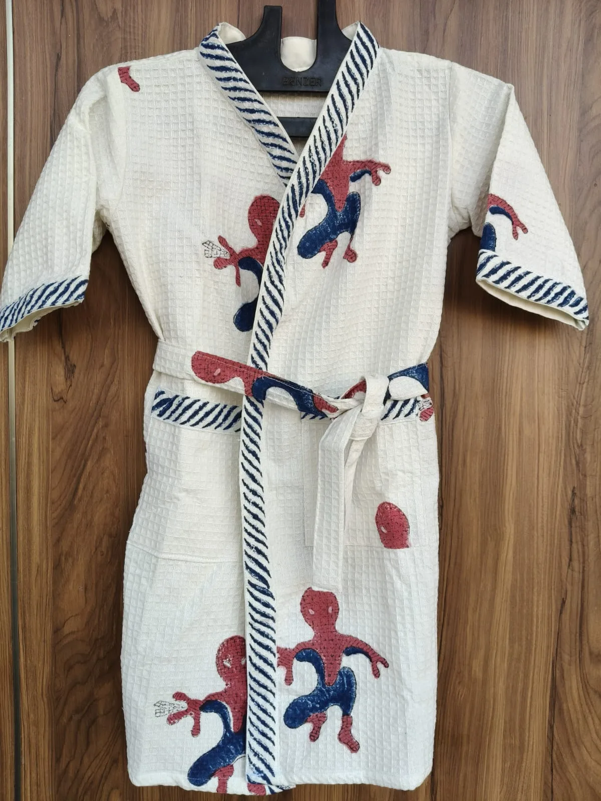 Red & Navy Superhero Kids Waffle Bathrobe original product photograph