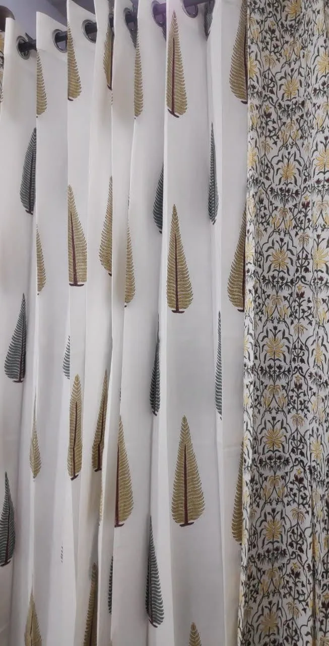 Charcoal Floral Jaal & Cypress Leaf Coordinated Pure Cotton Curtains original product photograph