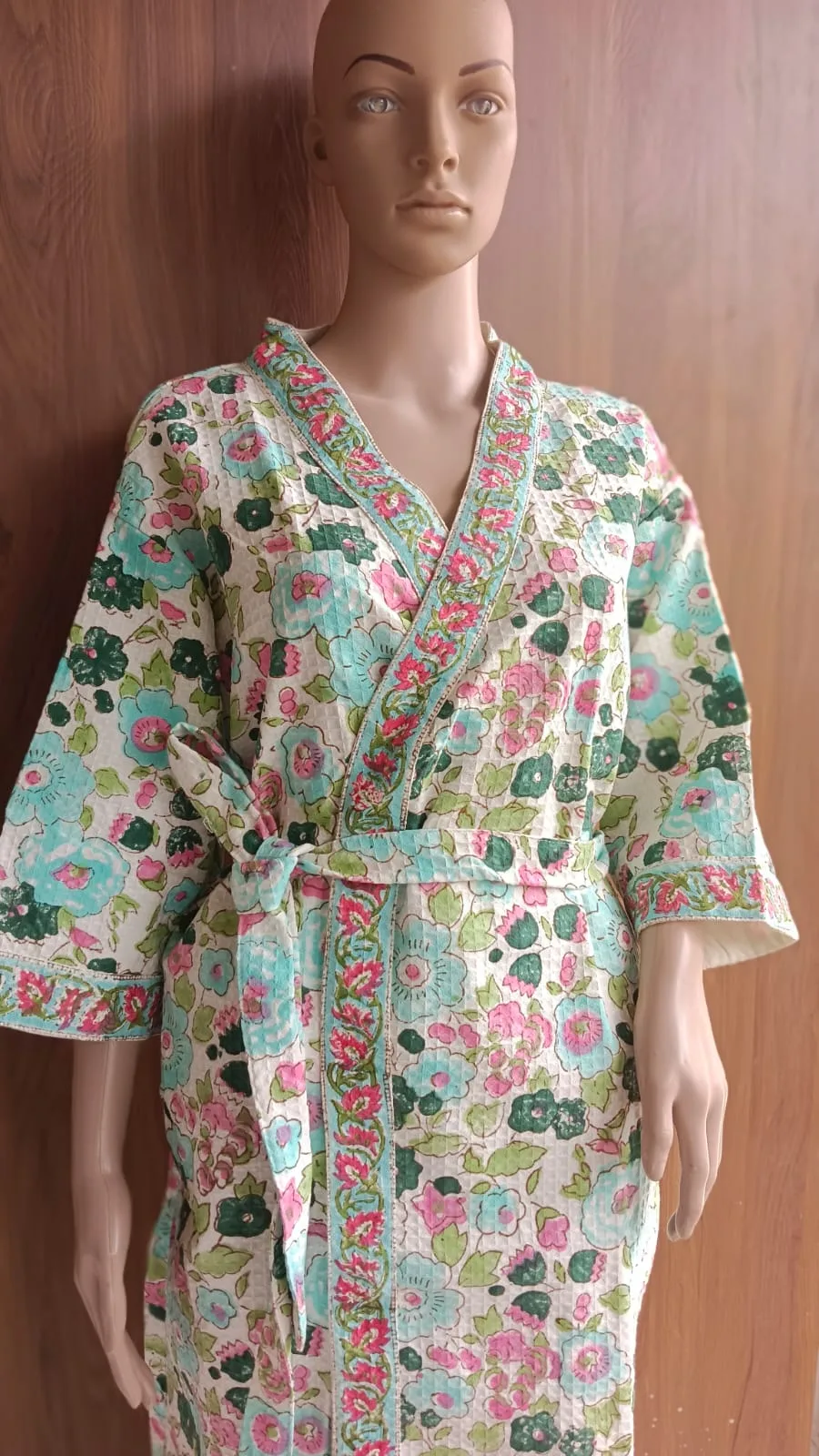 Aqua Pink Floral Meadow Adult Waffle Bathrobe original product photograph