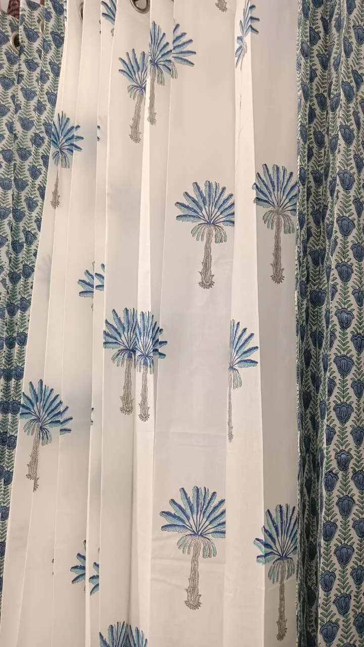 Indigo Tulip Vine & Blue Palmette Pure Cotton Curtains original product photograph