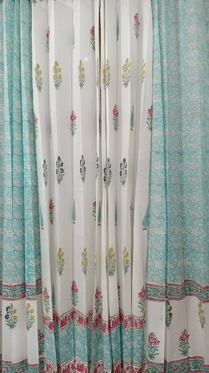 Aqua Border & Multicolour Buta Coordinated Pure Cotton Curtains original product photograph
