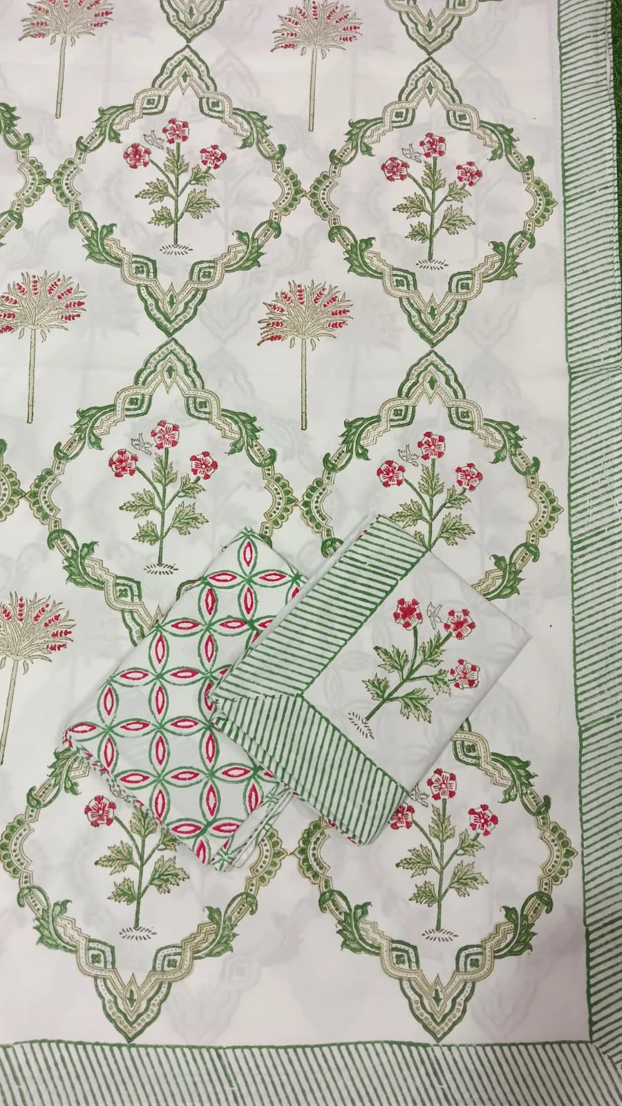 Sage Rose Lattice Hand-Block Cotton Bedsheet original product photograph