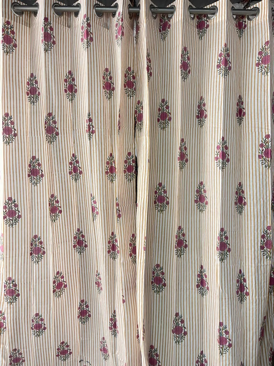 Rani Bouquet & Ochre Pinstripe Pure Cotton Curtains original product photograph