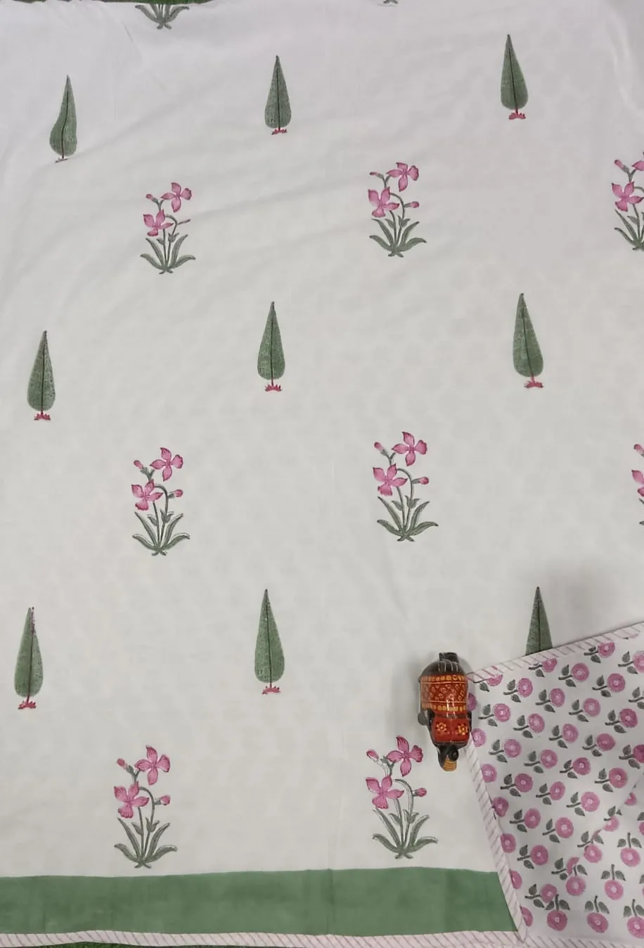 Gulabi Phool Cypress Buta Reversible Hand-Block Dohar original product photograph